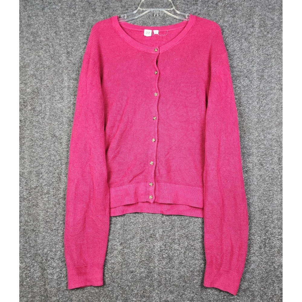 Gap Button Front Cardigan Womens XXL Hot Pink Ribbed Cotton Knit Crew Neck
